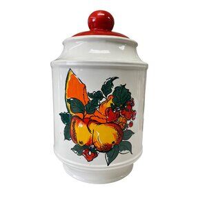 Vintage Italian Ceramic Canister With Hand-Painted Fruit Motif & Red Lid